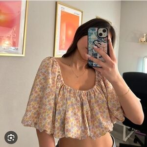 Zara Pastel Floral Puff Sleeve Crop Top Medium Cute Boho Spring Summer Vacation